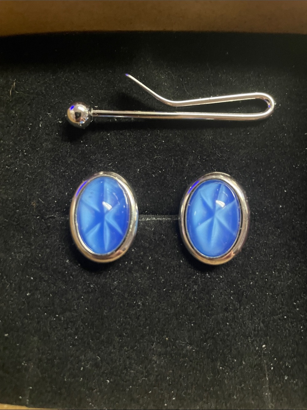 Vintage Swank Tie Clip & Blue Stone Cufflinks Set Men’s Formal Accessories